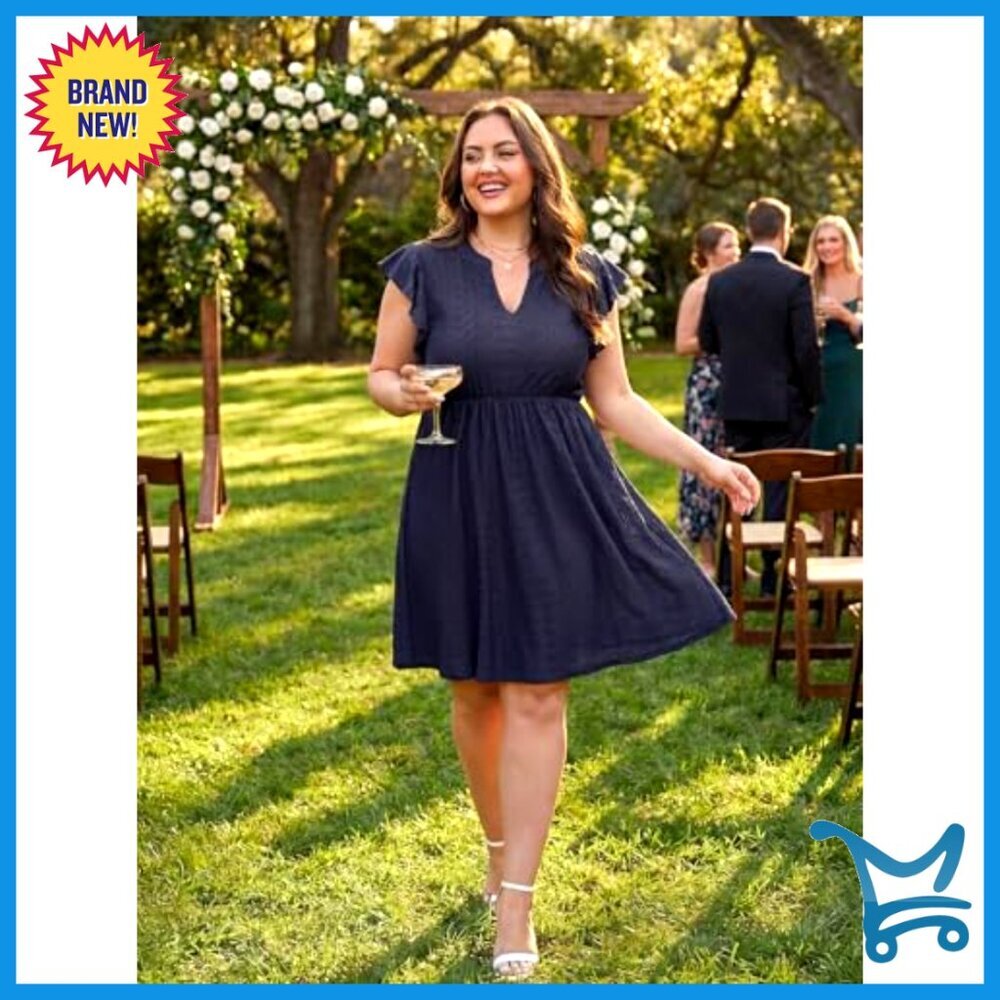 Plus Size Stretchy Eyelet Midi Dress with Pockets V Neck Flutter Sleeve - Picture 4 of 7